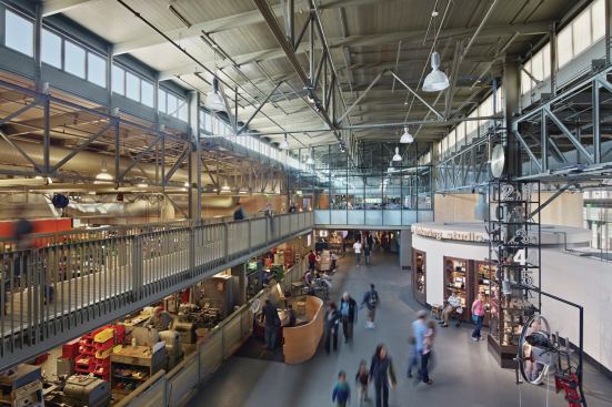 The main exhibition floor of the Exploratorium, looking into the shop, where exhibits are created.