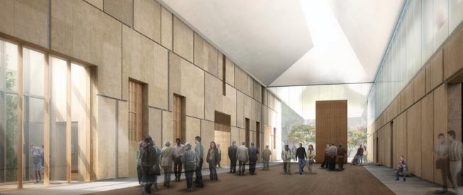 A rendering of the new Barnes showing the new building's&nbsp;central court, with its&nbsp;hand-chiseled limestone slabs and a carpet of wood salvaged from the old Coney Island boardwalk.