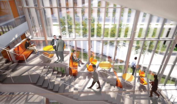 Stair lounge designed to encourage informal interaction between scientists and students.
