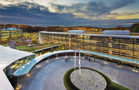 The SAP Americas Headquarters Expansion building sits across from an existing three story office building. The two are connected by a narrow lobby covered by a green roof.