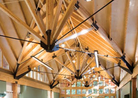 The building's ceiling features a unique truss design.