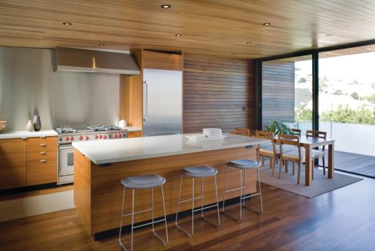 Alex and Ivan Terry created a sense of continuity by bringing the ipe inside the house to rooms such as the kitchen/dining/living space.   residential architect, March-April 2010  Choy Residence, San Francisco  Terry & Terry, San Francisco