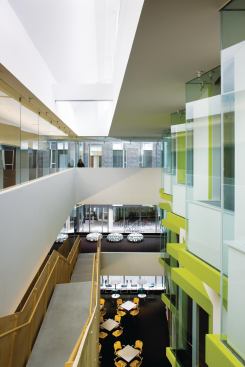 Scogin and Elam placed a premium on natural light and view lines that connect the different floors and programs. Stairwell atria promote interaction between the building users. This one in the Hillman Center connects faculty offices, informal lounge spaces, and a student café.
