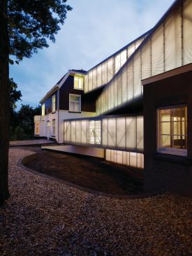 The museum is built into a dike, so its main entry is actually on the south side and on the second level.