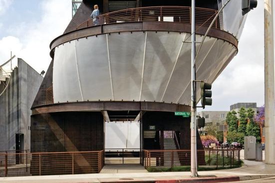 Riders of L.A.s imminent light-rail line wont need to rely on their Kindles for entertainment. The panes of acrylic bridging the gaps between the Samitaur Towers five offset rings serve as projection screens, which will showcase films and video art for commuters pleasure.