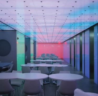 For this installation “each LED node is programmed into the system, allowing patterns, abstract images, or any conceivable input to morph to the shape of the space, spanning the ceilings and walls.”