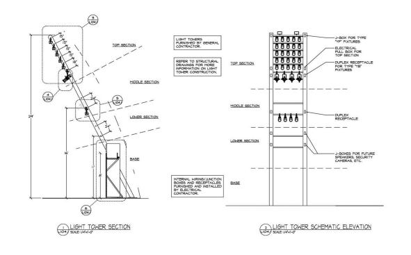 Because there are no surfaces in the tent from which to support luminaires, Focus Lighting had to design eight custom light towers for the fixtures that were used to illuminate the Enterprise's exterior. 