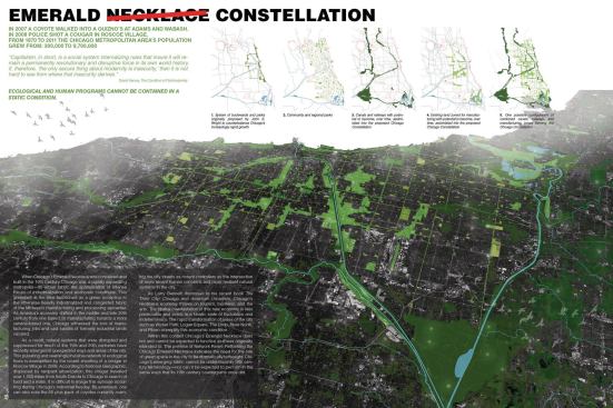 The winning entry by Kees Lokman, Fadi Masoud and Conor O’Shea for Network Reset, a competition sponsored by MAS Studio and the Chicago Architectural Club that looked at ways to reinvigorate the Chicago boulevards system.


