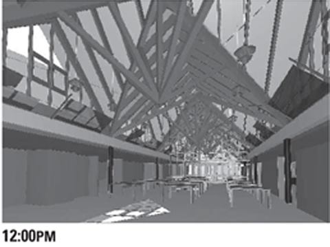 12:00PM Interior glare control for the building is shown in three-hour increments. 