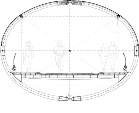 An IP65-rated 26W compact fluorescent floodlight is mounted at the centerpoint of the bottom chord of the structure to uplight the underside of the bridge.