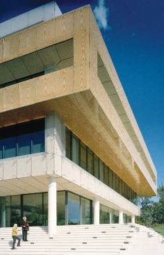The dot motif is carried throughout the building as seen in the glass panels of the stairway leading to the conference center and on the glass partitions in the embassy's staff quarters (next image). A wood-patterned glass gives the façade its distinctive character.