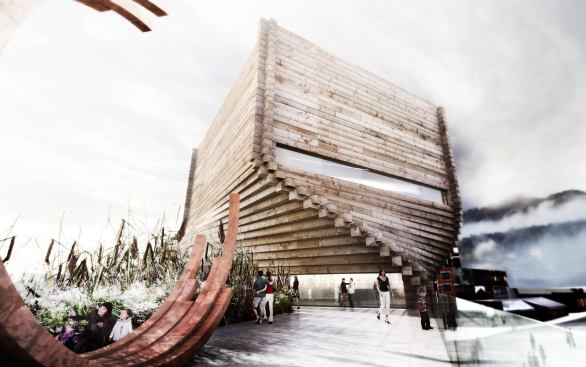 Twisting façade formed from stacked, reclaimed timbers.