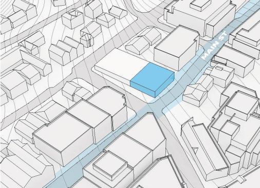 Massing diagram: Street-level gallery, which is oriented to the city's existing grid.