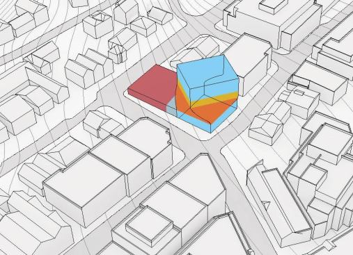 Massing diagram: Program, identifying the restaurant and administrative spaces sandwiched between the two new galleries, and the education spaces housed in the existing art center structure.