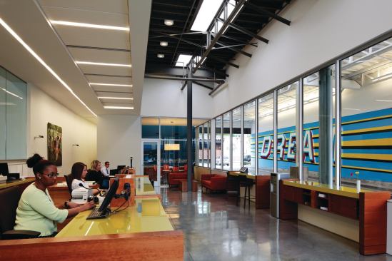 Inside, a skylight provides natural light to the teller area, and where there are interior walls, Helix used glass partitions that promote the idea of transparency that has been central to the company’s mission.