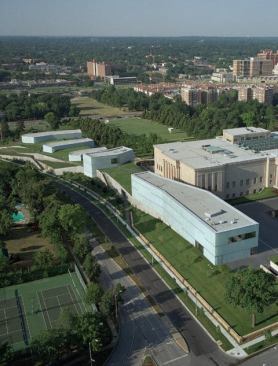 As seen from the north (pictured) and the south (next image), the new addition to the Nelson-Atkins Museum of Art engages the existing museum, the sculpture park, and the surrounding neighborhood. 