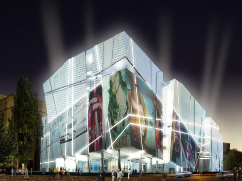 Rednering showing the façade at night with projected advertisements.