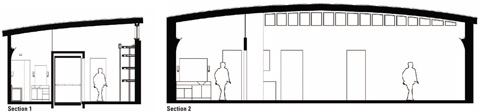The guest bedroom and bath, and a study are accessible from the open living area. Sectional drawings describe the building's vaulted roof structure. Section 1 is cut through the master bath, elevator, and entry hall. Section 2 is cut through the guest bath and living room. 