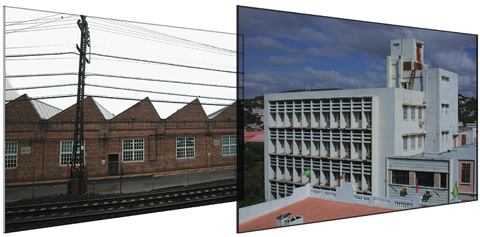 An example, on the right, of low-VT glazing used for a high luminance partly cloudy sky and light building surface. On the left is a medium-VT glazing used for a low luminance overcast sky and dark building surface.