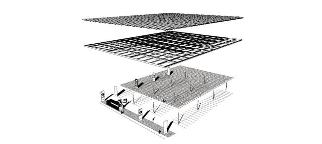 Structure and panels exploded axonometric diagram.