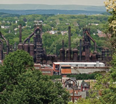 The ArtsQuest Center at SteelStacks stands in front of the remaining Bethlehem Steel blast furnaces.