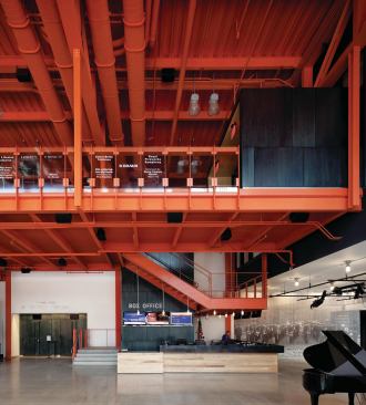 In acknowledgement of the site's industrial past, the architects chose the color International Orange to paint the exposed steel structure in the lobby, and throughout the ArtsQuest Center. This color is best known for its use on the Golden Gate Bridge, which is just one of the many national landmarks built from Bethlehem steel.