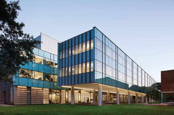 The two enclosed floors of the northern volume are supported by 18 poured-in-place concrete columns. And in a break from Rice's brick-and-masonry vernacular, the northernmost façade is glazed to capture indirect light, and silk screened with a blue Penrose pattern to mitigate glare.