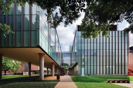 Rice University's new physics building is organized as two parallel wings, connected by a pair of bridges.