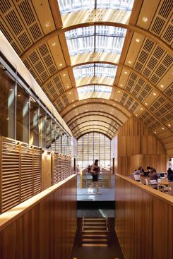 The building has large skylights that admit daylight and also expose the rooftop photovoltaic system. Translucent enough to still allow light to filter through, the 100-kilowatt array provides 25 percent of the energy for the building, the rest of which will be purchased from sustainable sources.Skylight

Wasco Skylight Products



Custom skylight system

wascoskylights.comCeiling Beams

Goodlam, a division of Goodfellow



Structural red oak glulam beams

goodfellowinc.comDoors

Builders’ Hardware



Custom doors

builders-hardware.net