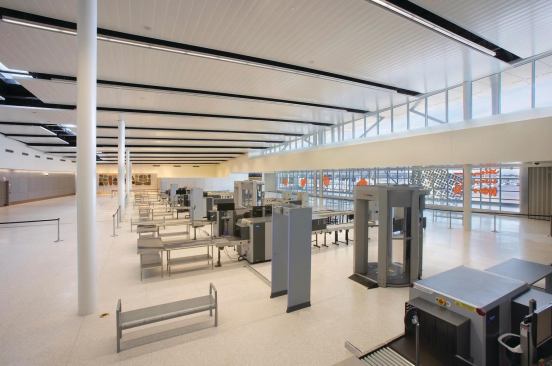 The security area was designed to be larger than is required by current Transportation Services Administration guidelines. This anticipates future changes to security screening that might require more or larger equipment, and will allow the screening area to be expanded or reconfigured without infringing on the surrounding spaces.

Wall finishes

CL Coatings



Interior Latex Paint

nacoatings.comWall Board

USG



DensDeck, Type X gypsum board, abuse resistant board, glass-mat board

usg.comWall Finishes

Sobotec Limited



Alucobond metal wall panels

sobotec.com