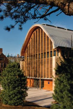 The east and west ends of the building feature a metal and glass curtain wall shaded by laminated Douglas fir arches and louvers to prevent glare and heat gain. The main entrance is actually on the second floor—the first floor is inset into a hill, and only the south side has access to a colonnade and courtyard.Curtain Wall

Kawneer North America



Custom metal and glass curtain wall

kawneer.comSunshading

Goodlam, a division of Goodfellow



Douglas fir arch and louvers

goodfellowinc.comRoofing

Follansbee Roofing



Sloped metal roofing

follansbeeroofing.com