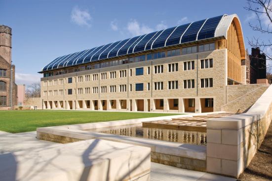 In an effort to use local materials and aesthetically link the modern building with the neighboring Collegiate Gothic stone structures on campus, the architects turned to sandstone. Windows along this south facade are either deeply inset into precast concrete—a mixture in which 50 percent of the required cement was replaced with ground granulated blast-furnace slag, to recycle waste material and reduce CO2 emissionsÑor sunshaded to reduce heat gain while still maximizing daylight and views.Concrete

Rex Precast Systems



Precast concrete

rexprecast.comMasonry

The Briar Hill Stone Co.



Sandstone masonry

briarhillstone.comPhotovoltaics

SunPower



Model 225 solar photovoltaic panel

us.sunpowercorp.com