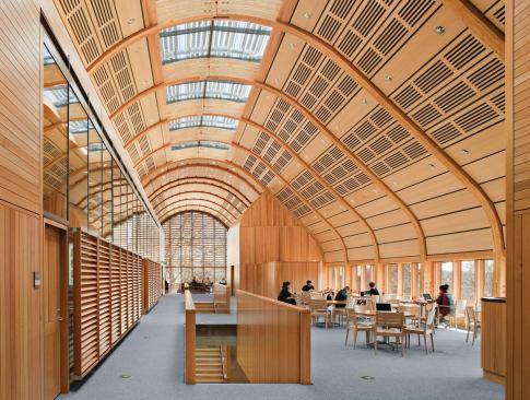 The large open volume on the third floor is split into several sections. Two smaller classrooms are enclosed in a volume along the south wall, with a break out area with cafe tables on the north side. A student center and auditorium anchor the ends. Windows are operable to allow natural ventilation into the space, and lights at each window indicate whether the central HVAC system (which runs air in an under-floor plenum) is operating. The system is turned off during the mild spring and fall seasons to reduce energy usage.Side Chairs

Kusch + Co.



Luca chairs

kusch.comLighting Controls

Sensor Switch



nLight control system

sensorswitch.com
