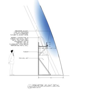 The lighting detail that accomplishes this wash of light uses 1,140 feet of 3500K 32W T8 fluorescent lamps with blue color sleeves mounted to the rear of the perimeter exhibit walls.