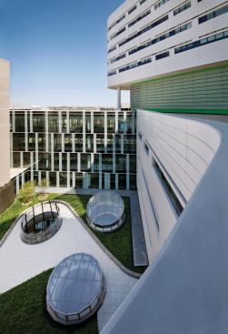 Between the new medical center and the existing, adjacent structure, a new lobby volume is topped by a green roof plaza, which serves as an open-air pathway between the buildings.