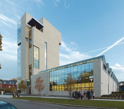 Architect Tod Williams describes the Logan Center’s lower, horizontal volume as representing the Plains; its saw-toothed roof admits natural light into painting and other fine-arts studios. The northern façade, with 

the tower, is closest to 

the campus core.