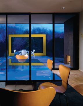 Glass-and-steel walls project and recess, embracing both art and the landscape and creating a sense of traction in the plan.