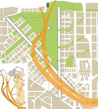 Ecoregion and flyways, with orange mapping flyways and green marking aspen forest, prairie, and meadow.