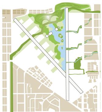Ecology, with blue representing a lake, light green marking Aspen prairie and meadow, and dark green marking Aspen forest.