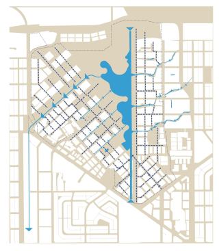 Stormwater management, outlining the site's lake, ravine catchment and stormwater.