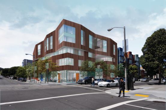 The 34-unit, mixed-use building’s rainscreen system consists of wood half-rounds and full rounds. Their curvature lends an even more dynamic quality to the undulating façade.