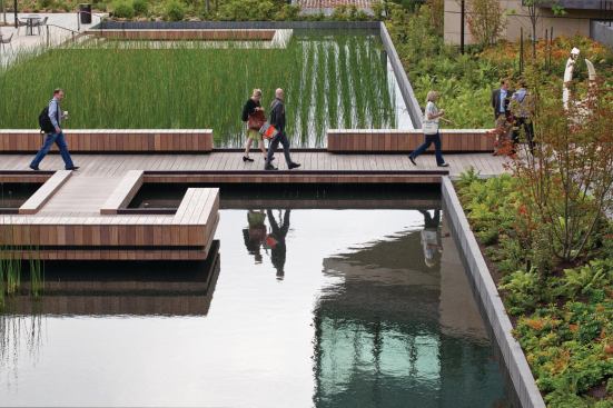 The foundation's site is anchored by a reflective pond. Rainwater collection and reuse strategies, along with efficient plumbing fixtures, completely eliminates all polluted rainwater runoff and reduces the building's potable water use by 79 percent compared to the Energy Policy Act of 1992.