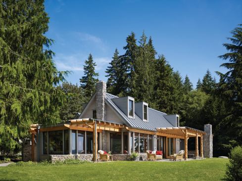 The design team set out to build a home that is not only sustainable, but also that is appropriate for the homeowners' lifestyle, is respectful of their memories of the cabin that the house replaced, and is perfectly suited to the characteristics of the site. Modern technologies blend with a cottage-esque design that takes architectural cues from the original structure.