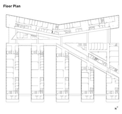 The House of Vestas is designed with six office wings linked by a central atrium that contains a variety of meeting spaces and the cafeteria. Plans allow for two additional office wings to be added as needed in the future.
