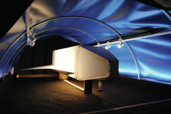 A 5-foot mock-up of the pavilion was constructed to test color and reflectivity.