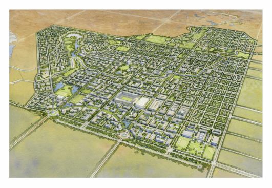 The campus plan envisions a 25,000-student car-free campus, with 6.25 million square feet of LEED Gold research and administrative space, housing for 12,500, and an adjacent University Community providing 5,000 jobs within walking distance to the Academic Core.