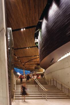 The architectural program called for the creation of a third theater, the Arlene and Robert Kogod Cradle, visible to the right of the stairway.