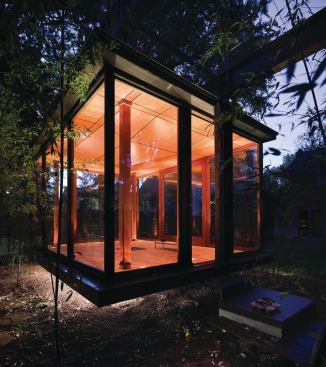 One of Jameson's smallest projects is the Tea House, a suspended, wood-and-glass meditation pavilion in the backyard of a Bethesda, Md., residence. 