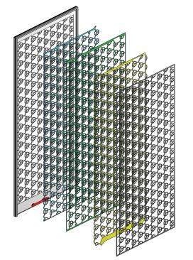 Exploded Axonometric: In the installation at Stony Brook, the systems panels use five layers of sheets; the interior three sheets shift positions, while the exterior sheets remain fixed.