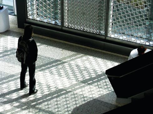 By selectively blocking light instead of diffusing it altogether as a shade would, the system's panels create visual interest in a building's interior.